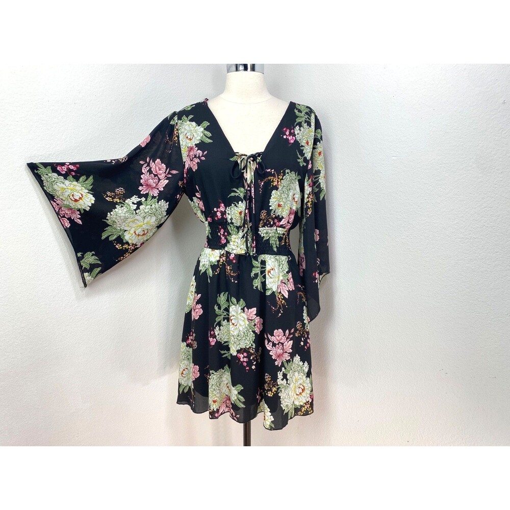 Maurices Black Floral Dress Med Bell Sleeve Elastic Waist Whimsigoth Gypsy Fairy